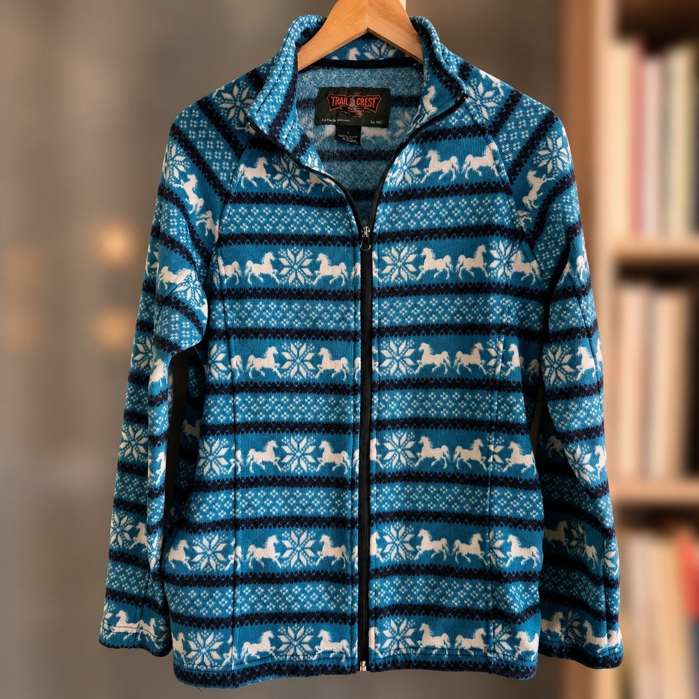 Trail Crest Womens Blue Horse‎ Fair Isle Full Zip Fleece Jacket Mock Neck L